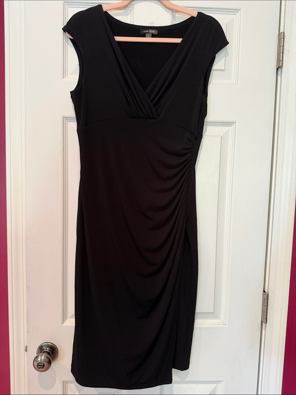 Voir Voir Black Ruched V-Neck Midi Dress